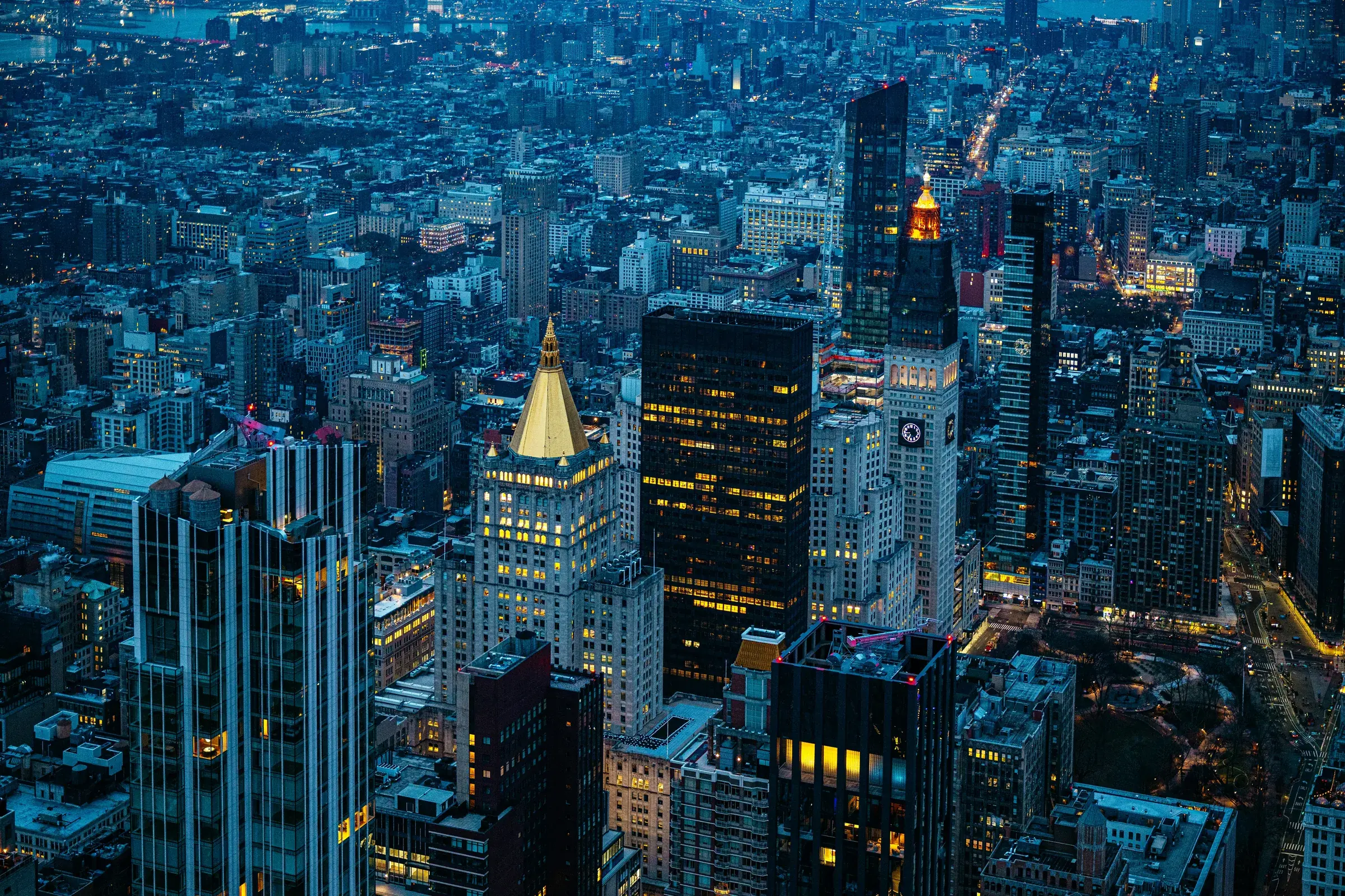 New York City at blue hour, seen from above