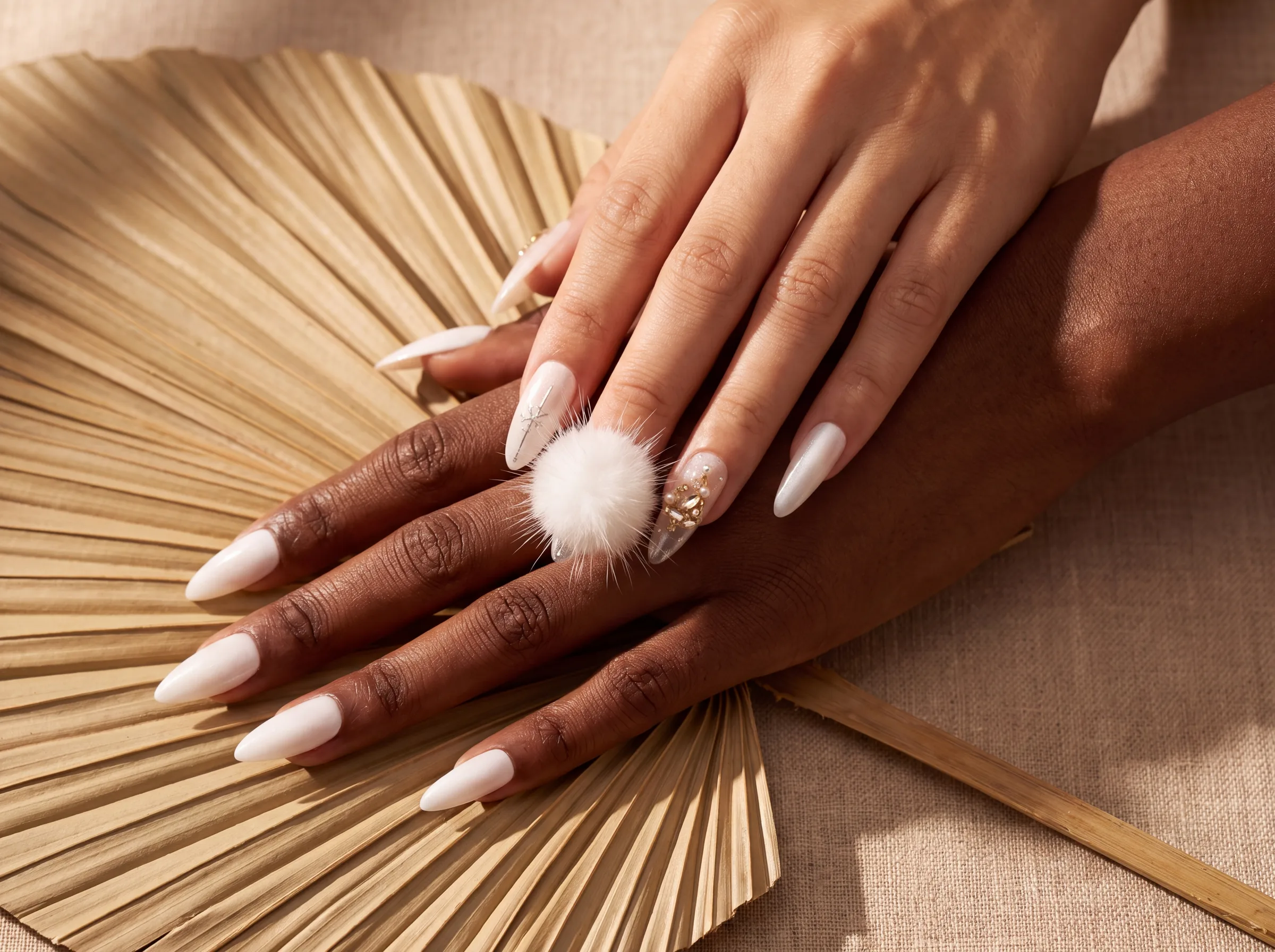 Hand with pearl press-on nails against a woven fan